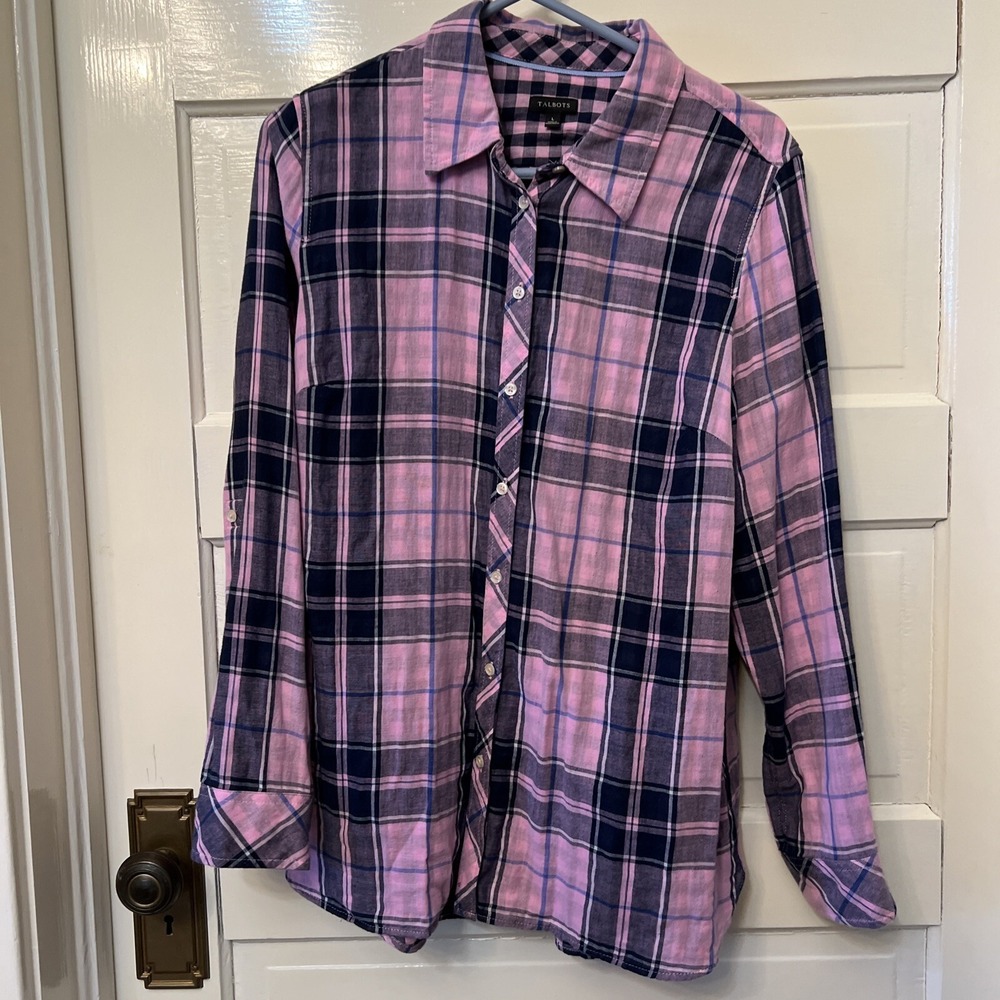 Talbots Womens Large Shirt Long Sleeve Button-Front Multicolor Plaid Check
